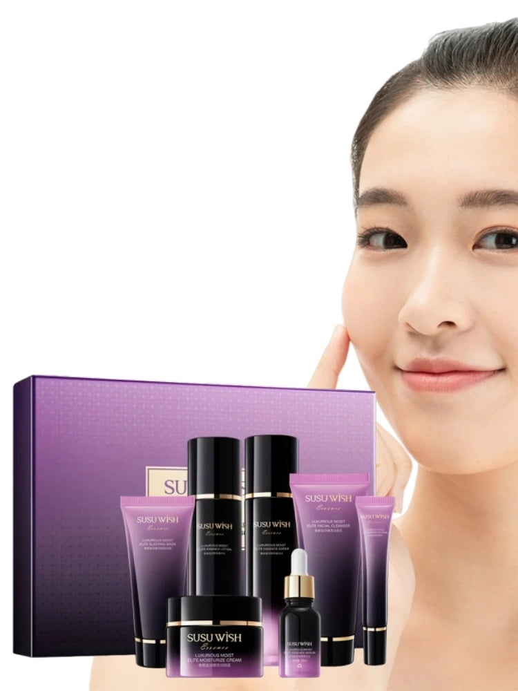 Luxurious and Elegant Nine-Piece Moisturizing Essence Set, Including Cleansing Milk, Essence Water, Essence Lotion, Essence Serum, Moisturizing Cream, Eye Cream, Sleeping Mask, Containing Niacinamide, Centella Asiatica Extrac
