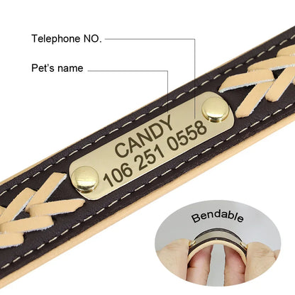 Engraved Leather Dog Collar Braided Persoanzled ID Tag Collars Nameplate Customized Pet Collar Leather Pet Walking Leash Leads