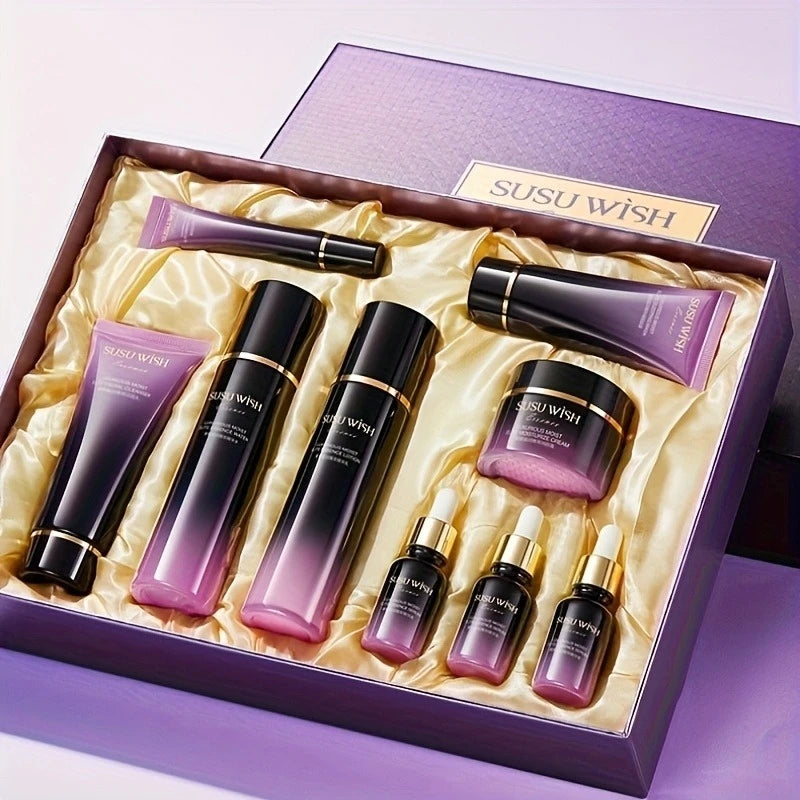 Luxurious and Elegant Nine-Piece Moisturizing Essence Set, Including Cleansing Milk, Essence Water, Essence Lotion, Essence Serum, Moisturizing Cream, Eye Cream, Sleeping Mask, Containing Niacinamide, Centella Asiatica Extrac