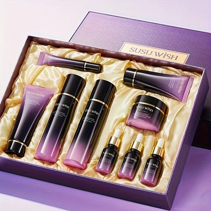 Luxurious and Elegant Nine-Piece Moisturizing Essence Set, Including Cleansing Milk, Essence Water, Essence Lotion, Essence Serum, Moisturizing Cream, Eye Cream, Sleeping Mask, Containing Niacinamide, Centella Asiatica Extrac
