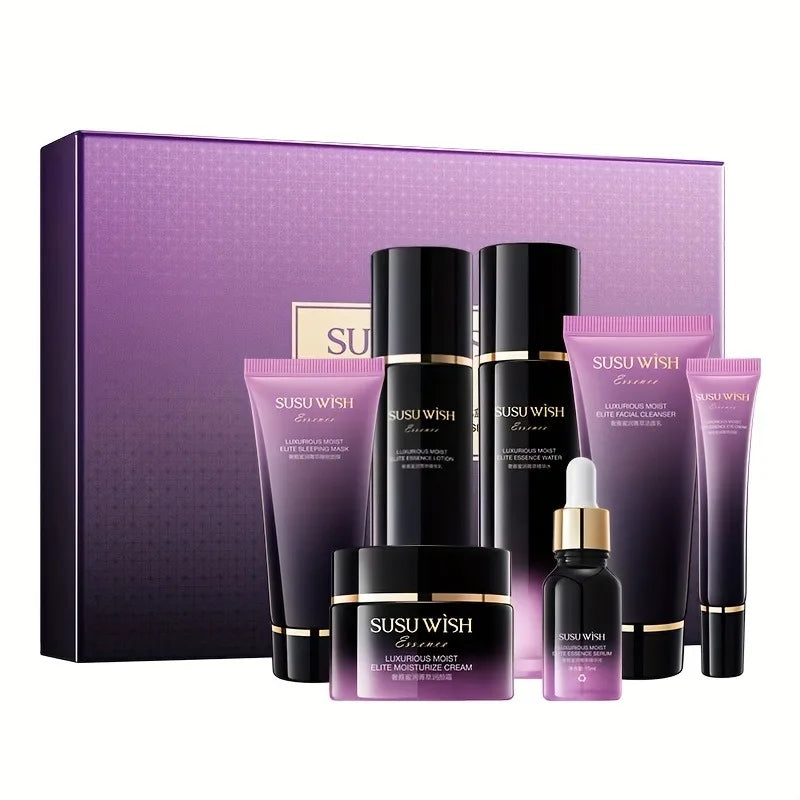 Luxurious and Elegant Nine-Piece Moisturizing Essence Set, Including Cleansing Milk, Essence Water, Essence Lotion, Essence Serum, Moisturizing Cream, Eye Cream, Sleeping Mask, Containing Niacinamide, Centella Asiatica Extrac