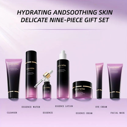 Luxurious and Elegant Nine-Piece Moisturizing Essence Set, Including Cleansing Milk, Essence Water, Essence Lotion, Essence Serum, Moisturizing Cream, Eye Cream, Sleeping Mask, Containing Niacinamide, Centella Asiatica Extrac