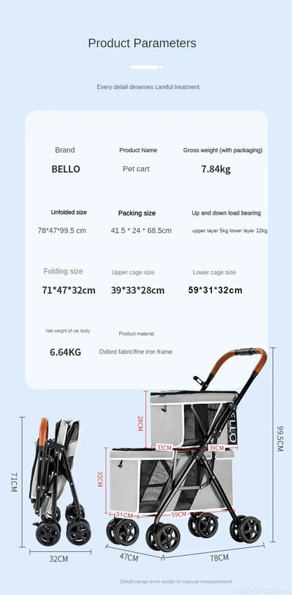 New Pet Stroller Double Layer Suitable for Two Pet Cats Dogs Foldable Cart Breathable Dog Stroller Pet Trolley carry on case