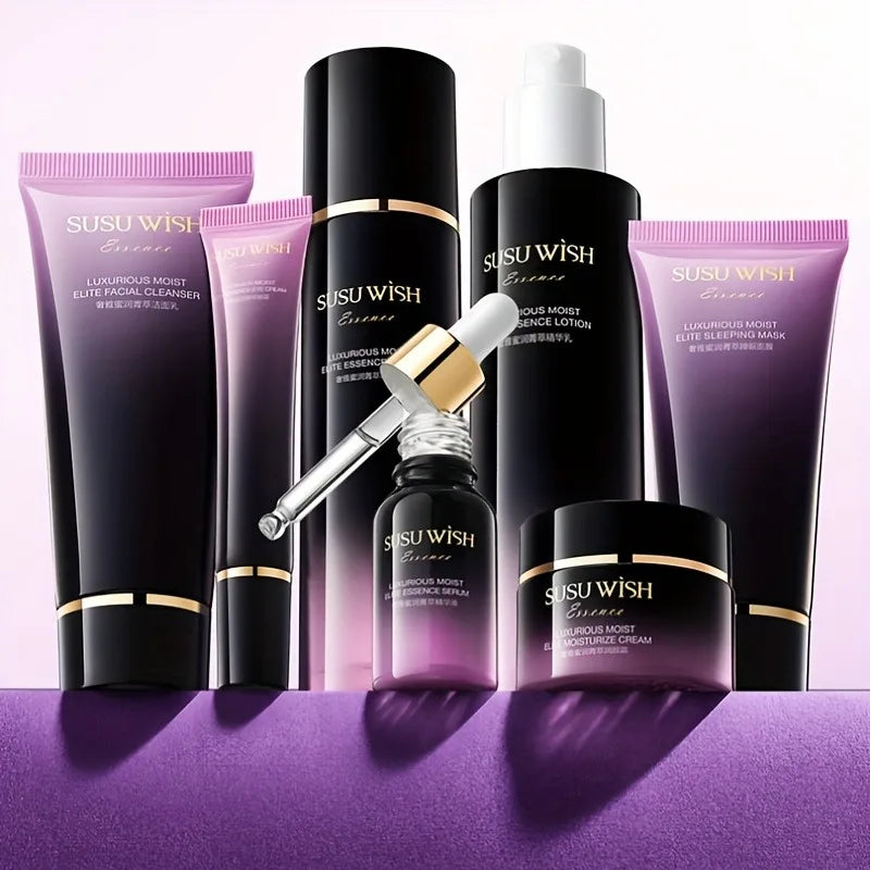 Luxurious and Elegant Nine-Piece Moisturizing Essence Set, Including Cleansing Milk, Essence Water, Essence Lotion, Essence Serum, Moisturizing Cream, Eye Cream, Sleeping Mask, Containing Niacinamide, Centella Asiatica Extrac