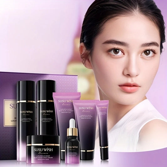 Luxurious and Elegant Nine-Piece Moisturizing Essence Set, Including Cleansing Milk, Essence Water, Essence Lotion, Essence Serum, Moisturizing Cream, Eye Cream, Sleeping Mask, Containing Niacinamide, Centella Asiatica Extrac
