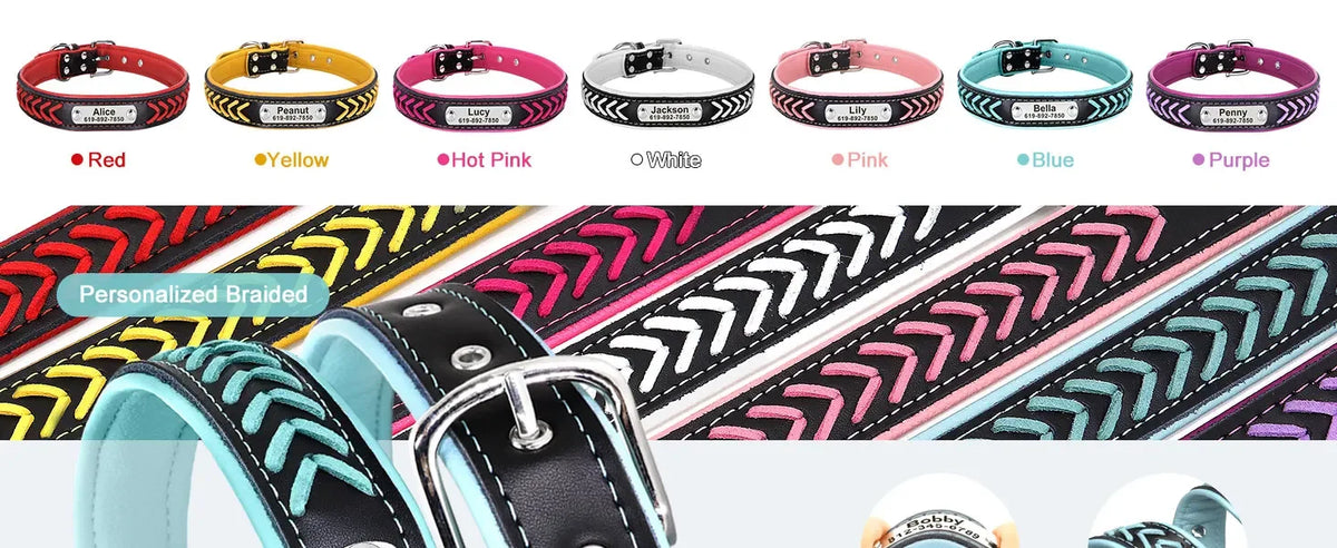 Engraved Leather Dog Collar Braided Persoanzled ID Tag Collars Nameplate Customized Pet Collar Leather Pet Walking Leash Leads
