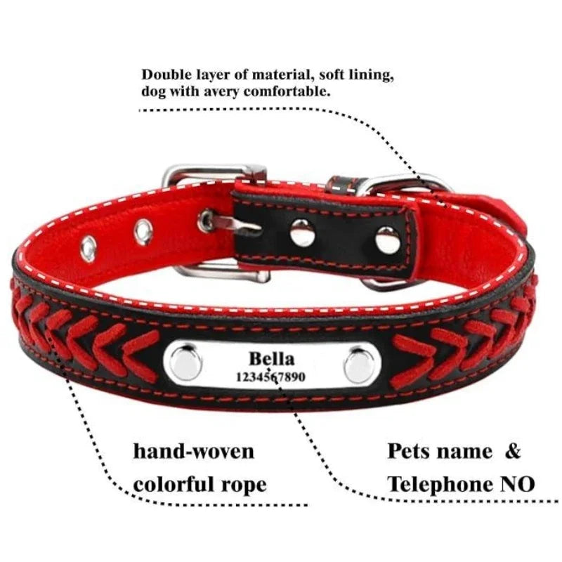 Engraved Leather Dog Collar Braided Persoanzled ID Tag Collars Nameplate Customized Pet Collar Leather Pet Walking Leash Leads